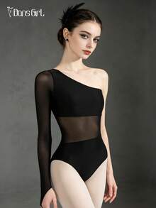 DonsGirl 1pc Women's Swan Lake Ballet Leotard, Sequin And Mesh Patchwork Dance Performance Costume, Asymmetrical Single Sleeve With Finger Loop, Suitable For Stage Performance - Black - View 10