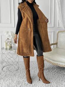Women's Casual Lapel Double Button Pocket Solid Color Fleece Cardigan Jacket - Brown - View 1