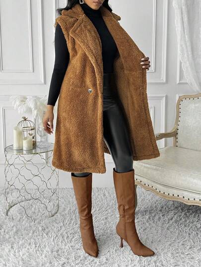 Women's Casual Lapel Double Button Pocket Solid Color Fleece Cardigan Jacket