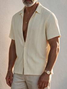 GOLDREDY Summer Fashion Men's Textured Jacquard Short Sleeve Shirt, Mature Style, Simple Versatile Casual Slimming Turn Collar Blouse - Yellow - View 2