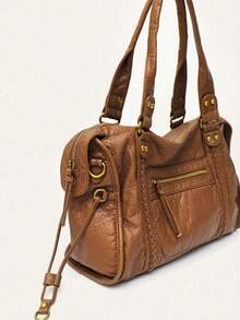 Vintage Faux Leather Shoulder Bag, Fashion Design Large Capacity Shoulder Bag, Niche Classic Multi-Functional Handbag, Suitable For Daily Commute - Brown - View 3