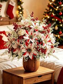 12/6/1pc Set Artificial Red & White Poinsettia Bouquet With Baby's Breath, Holiday Floral Arrangement Kit, Suitable For Fireplace, Stair Railing, Dining Table, Vase, Balcony Planter And Stage Backdrop, Perfect For Christmas Tree And Home Decor - Multicolor - View 8