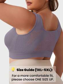 1pc Seamless Full Cup Wireless Lift & Support Yoga & Sleeping Sports Bra, Comfortable Side Gather Design For Plus Size Women Spring Fall - Purple - View 4