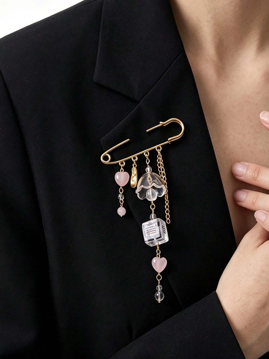 Broche de alfiler multiusos de acero inoxidable 304 chapado en oro de 18K para mujeres, broche de flor con cuentas y borlas estilo macaron, alfileres decorativos para abrigos, bufandas y atuendos de mujer - broche - Ver 1