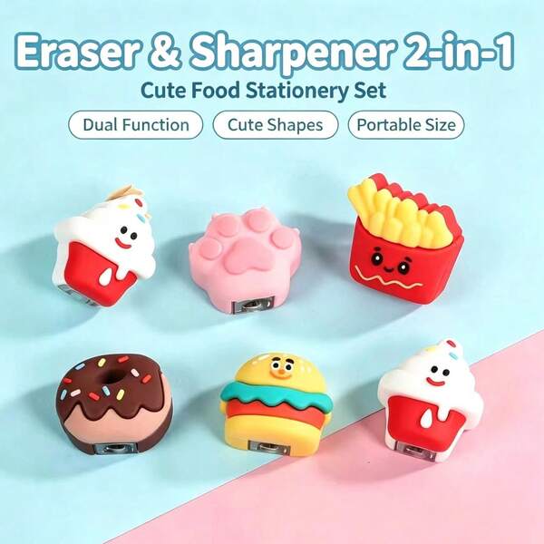 2-In-1 Pencil Sharpener & Eraser, Cute Mini Back To School Stationery, Random Color & Style