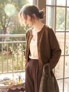 優雅女款秋冬時尚休閒簡約寬鬆針織圓領長袖開襟毛衣上衣 開學季外套 - 黃花杏 - 查看 5