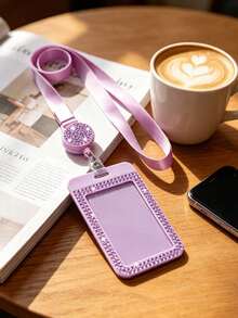 Purple Rhinestone ID Card Holder With Lanyard, ID Card Storage Box, Anti-Lost Lanyard, Student ID Card Holder, Self-Service Restaurant Card Holder - Multicolor - View 7