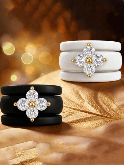 3PCS Silicone Zirconia Clover Ring Set, Sizes 6-9, Suitable For Couples, Girlfriends, Friends, Holiday Gifts, Valentine's Day Gifts