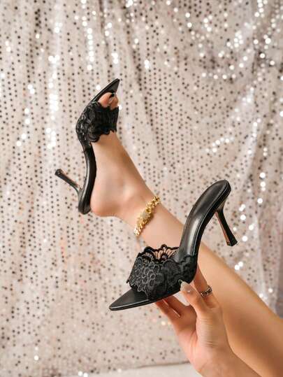 Lace Pointed Toe High Heel Mule Sandals, Sexy Open Toe Stiletto Heel Summer Slip-On Slides For Women, Elegant Outdoor Party Wear