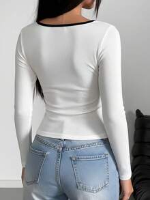 2pcs Contrast Trim U-Neck Ribbed Knit Slim Fit Long Sleeve T-Shirt, Women's Basic Casual Everyday Top - Multicolor - View 7