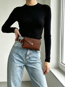Vintage Fashion Chain Buckle Women's Leather Belt Waist Bag, Daily Outing Wallet Phone Bag, Commute Matching Niche Design Waist Bag - Coffee Brown - View 8
