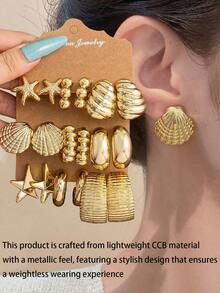 2-18pcs Fashionable & Elegant Starfish & Seashell Elements Women Jewelry Earrings, Suitable For Daily Wear All Year Round - Gold - View 2