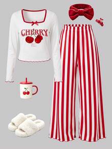Sweet Autumn/Winter Girl Red Cherry Print Bow Decoration Long Sleeve+Striped Long Pants Pajamas 2 Pieces Set, Soft Fabric, Suitable For Girls' Home Wear - White - View 2
