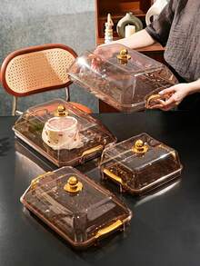 Tray With Cake Lid, Gold Thickened Transparent PET Rectangular Tray With Handle And Cake Lid, Plastic Storage Tray, Suitable For Tea Cups, Water Cups, Gold Rim Style - Amber - View 2