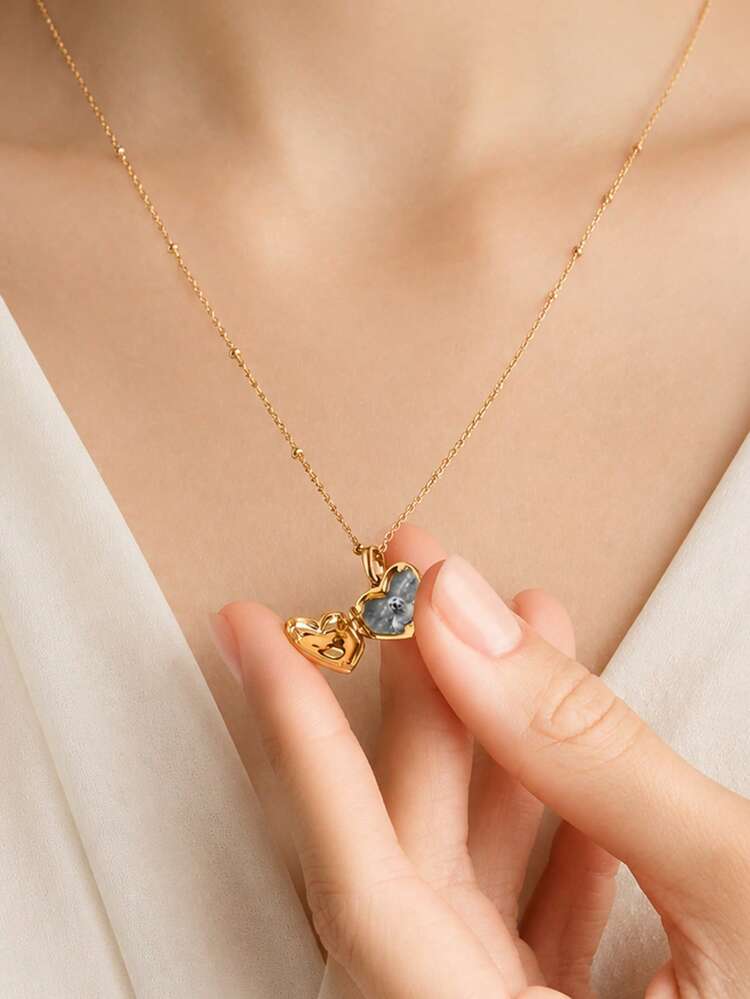 精緻可愛 18K 金鍍層 925 純銀 可開啟設計 鋯石愛心吊墜項鍊 女孩日常配戴 - 愛心吊墜 - 查看 4