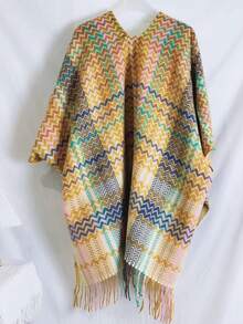 1pc Women's Polyester Line Wave Pattern Shawl, Summer Vintage Bohemian Style With Tassels, Suitable For Outdoor Travel - Size 35 Yellow - View 4