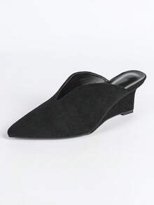 Women's Wedge Heel Pumps, Women's Black Deep Cut Slip-On Pointed Toe Wedge Heel Pumps - Black - View 7