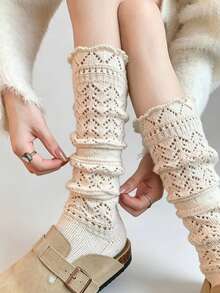 1 Paar Mädchen Cut Out Rauten Strick Slouch Socken, Wellige Spitze Atmungsaktive Mesh Mittlere Waden Socken, Japanischer Sanfter Stil Einfarbig Vielseitig, Geeignet für Ballettschuhe, Schneestiefel, Freizeitkleidung, Dünne Kniestrümpfe - Verschiedenfarbig - Übersicht 6
