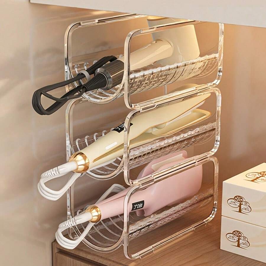 1/2pcs Transparent Visible Curling Iron Storage Rack, Bathroom Countertop Hair Dryer And Straightener Storage Box, Dorm Vanity Curling Iron Storage Box - Multicolor - View 1