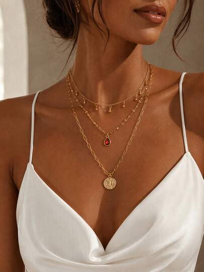 3pcs/Set Fashion Water Drop Tassel Gold Necklace Set, Fashion Pendant Style Women's Neck Jewelry, Suitable For Daily Wear And Date Party