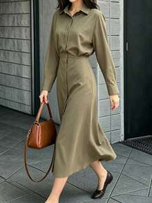 Gaun Wanita Lengan Panjang Pas Badan dengan Kerah Kemeja Berkerut Minimalis Warna Polos, Siluet Kepompong, Model Kancing Depan, Warna Solid, Gaya Musim Semi/Gugur - Olive Green - View 4