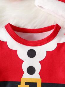 Set Gaun Lengan Panjang dan Topi Motif Kartun Santa Claus Lucu untuk Bayi Perempuan, 2 Potong, Musim Semi/Musim Gugur - Merah - View 4