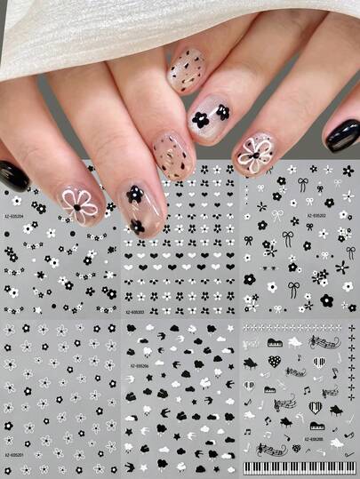6 Sheets 3D Flower Nail Art Stickers, Black White Flower Bow Musical Note Design Self‑Adhesive Nail Decals, DIY Manicure Decorations For Nails