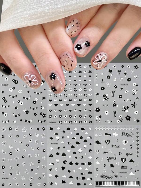 6 Sheets 3D Flower Nail Art Stickers, Black White Flower Bow Musical Note Design Self‑Adhesive Nail Decals, DIY Manicure Decorations For Nails