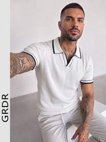 GRDR 男士寬鬆薄款夏季羅紋針織 Polo 短袖襯衫 - 白色 - 查看 1