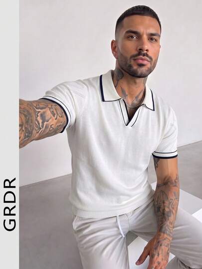 GRDR Men's Loose Thin Summer Ribbed Knit Polo Short Sleeve Shirt