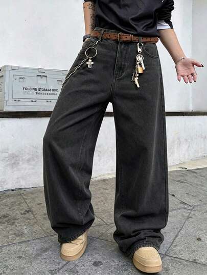 Men's Distressed Wide Leg Jeans, American Vintage Worn Street Casual Loose Fit Long Pants (This Product Does Not Include Belt And Accessories)