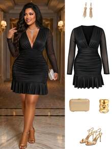 BIUBIU Gaun Bodycon Hitam Seksi Ukuran Plus Selutut dengan Leher V Dalam, Desain Berkerut & Hem Bergelombang, Lengan Panjang, Sempurna untuk Pakaian Wanita di Klub & Pesta - Hitam Tetap - View 3