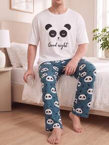 Plus Size Men's Panda Print Pajama Set, Summer Short Sleeve T-Shirt + All-Over Print Loose Casual Lounge Pants - White - View 1