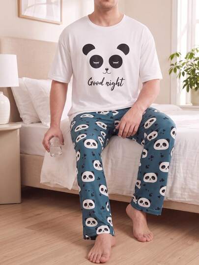 Plus Size Men's Panda Print Pajama Set, Summer Short Sleeve T-Shirt + All-Over Print Loose Casual Lounge Pants