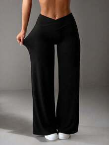 Women Fall Winter Crisscross Waist Wide Leg Yoga Pants, Tummy Control & Butt Lift, Buttery Soft Non-See Through Slim Stretch Pants For Gym Daily Wear - Black - View 4