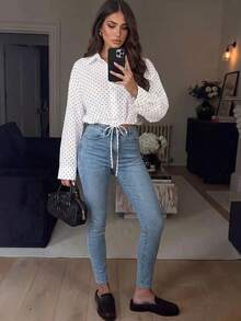 Women's Short Blouse Long Sleeve Polka Dot Semi-Sheer Shirt White - White - View 4
