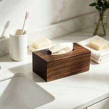1pc Minimalist Nordic Style Rectangular Flip Cover Walnut Wood Napkin Box, Natural Wood Grain Solid Color Long Square Tissue Storage Box For Living Room, Smooth Tissue Slot, Dressing Table Tissue Holder, Home Daily Use, Housewarming Gift, Christmas Gift, All Season - Coffee Brown - View 5