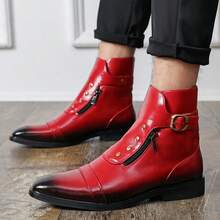 1 Pair Men's British Chelsea Boots, Red, Suitable For Wedding, Business Casual, Party - Red - View 3