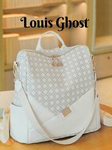 Women's Rhombus Pattern Large Capacity Backpack, Patchwork Commuter Bag, Student Backpack, Mommy Bag - White - View 1