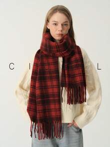 1pc Women's Vintage Fashionable Dual-Color Plaid Casual Versatile Polyester Scarf, Warm For Autumn/Winter Daily Wear - Khaki - View 2