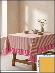 1pc White Base Red Striped Pink Ruffle Edge Tablecloth, Fresh Natural Style Fabric Rectangular Pink Ruffle Edge Patchwork Detail Decorative Functional Dining Tablecloth Suitable For Daily Home Dining And Fresh Home Decor Scenes - Red - View 18