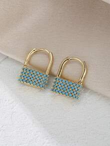 ZHIXUN 1 Pair Elegant French Inlaid Imitation Turquoise U-Shaped Locking Earrings,Luxurious Design, For Women's Daily,Holiday,Party Wedding Accessories - Earring 1 - View 9