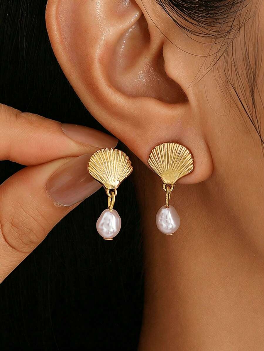 1 Pair Copper Alloy Ocean Style Metal Shell Faux Pearl Earrings ...