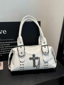 Shoulder Bag With Rivet Decoration, Detachable Strap And Zipper Closure, Cool Style Underarm Bag, Women's Bag, Unique Niche Design For Daily Outings, Dates, Commuting And Casual Crossbody Wear - White - View 6
