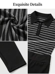 Fashionable Women's Winter Set Long Sleeve Striped Lapel Button Decor Polo Top With Comfortable Leggings - Black - View 3