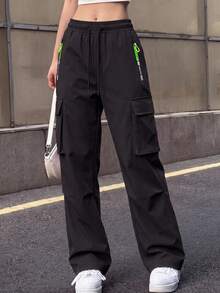 Knot & Curve Women's Outdoor Commute Cargo Pants Loose Slimming Straight Leg Elastic Waist Zipper Pockets Versatile Sports Long Pants - Black - View 5