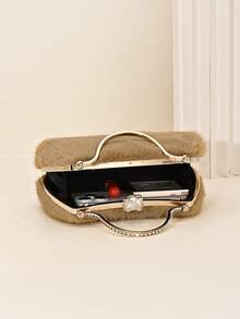 LJDCRFT Women's Fuzzy Evening Clutch, Pearl And Rhinestone Decorated Handbag With Metal Top Handle, Suitable For Parties, Weddings, Balls, And Other Occasions - Camel - View 4