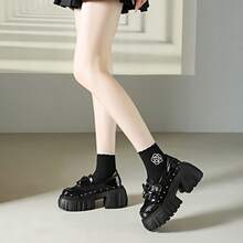 Punk Style Rivet Bow Thick Sole Loafers Women Glossy Chunky Heel Height-Increasing Retro Commute Shoes - Black - View 2