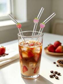 3PCS Three-Color Strawberry Glass Straws,Reusable Curved For Coffee, Milk Tea, Juices, Smoothies, Hot/Cold Drinks. Perfect For Parties, Cafes, Gifts For Lovers, Friends. Christmas, Thanksgiving, Back To School. - View 11
