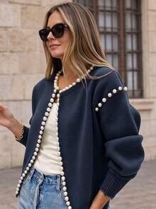 Solid Color Printed Pearl Beaded Decor Round Neck Puff Lantern Sleeve Ruffle Hem Knit Cardigan, Suitable For Dating, Daily Commute, Spring Vacation Gathering - Navy Blue - View 1